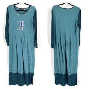 Fenini Women's Artsy Embroidered Castle Maxi Dress Teal Green Medium CottageCore
